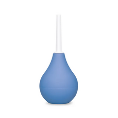 Blue silicone enema douche bulb with white nozzle shown upright on white background
