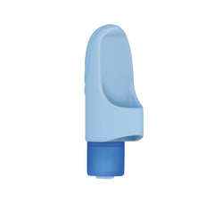 Blue silicone finger vibrator shown from the back, smooth curved finger sleeve design