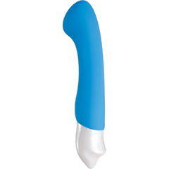 Blue silicone G-spot vibrator with angled curved head and smooth silver handle, side angle