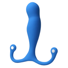 Blue silicone Maximus Syn Trident prostate massager showing curved shape and perineum tabs