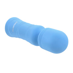 Blue silicone mini wand lying on its side, highlighting ribbed head and contoured body