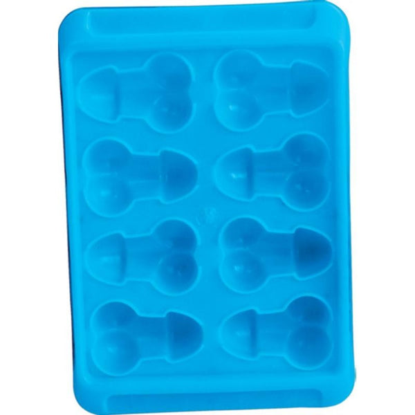 Close-up of blue silicone novelty ice tray showing 8 shaped cavities for bachelorette party use