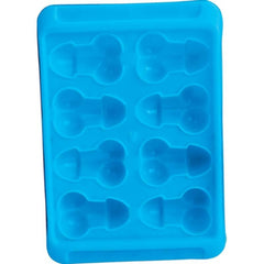 Close-up of blue silicone novelty ice tray showing 8 shaped cavities for bachelorette party use