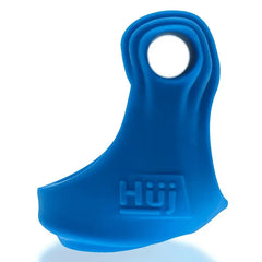 Blue silicone REVSLING cock and ball sling by Hunkyjunk, standalone front view showing ring opening