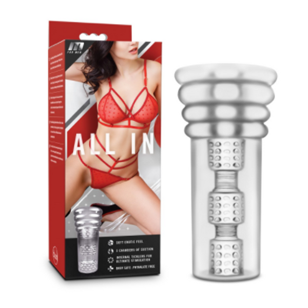 Blush All In Triple-Chamber Male Stroker in clear TPE beside its red retail box