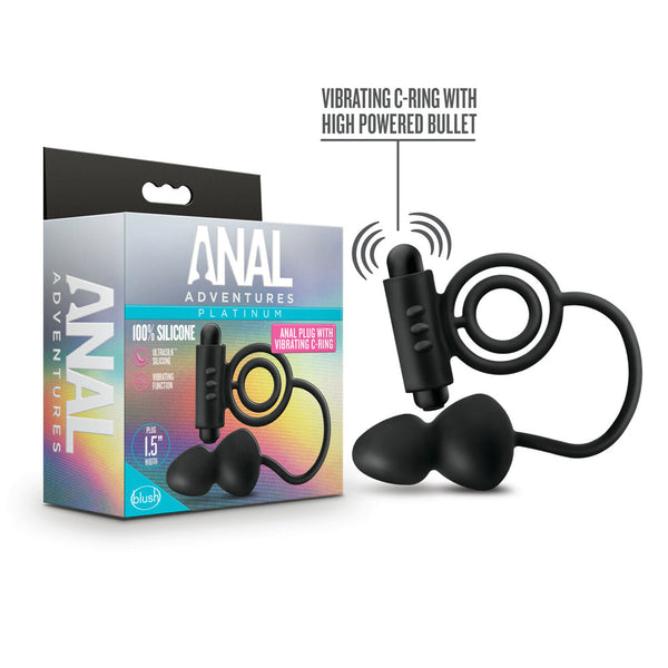 Blush Anal Adventures black silicone butt plug with vibrating cock ring and bullet shown with box