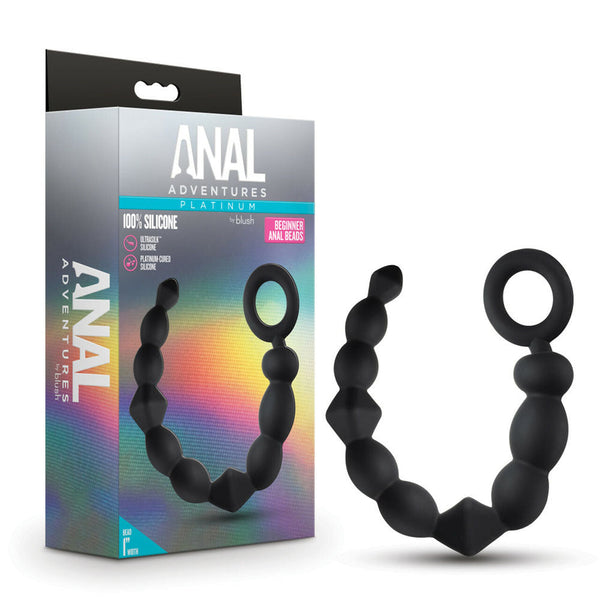 Blush Anal Adventures Platinum black silicone beginner anal beads beside rainbow-holographic box