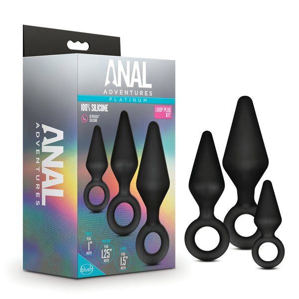 Blush Anal Adventures Platinum Loop Plug Kit box with three black silicone plugs displayed beside it