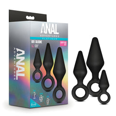 Blush Anal Adventures Platinum Loop Plug Kit box with three black silicone plugs displayed beside it