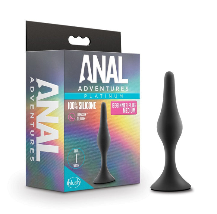 Blush Anal Adventures Platinum medium beginner plug in matte black silicone beside its box