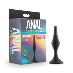 Blush Anal Adventures Platinum small beginner plug in black silicone beside its holographic box