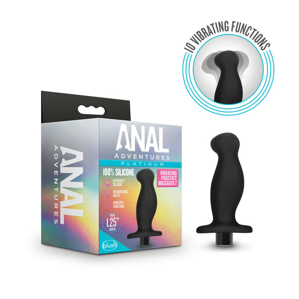 Blush Anal Adventures Platinum Vibrating Prostate Massager in black silicone shown with retail box