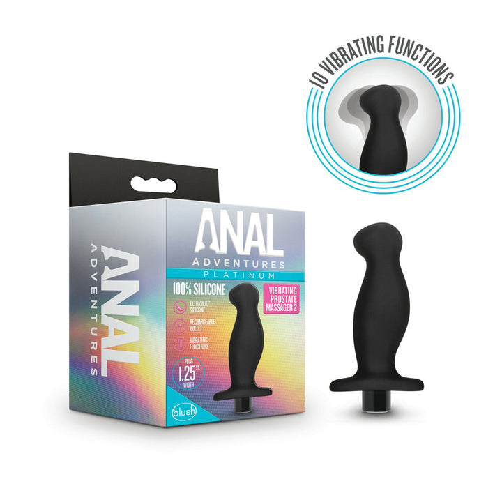 Blush Anal Adventures Platinum Vibrating Prostate Massager in black silicone shown with retail box