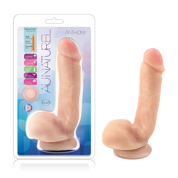 Blush Au Naturel Anthony realistic dildo in beige with suction cup base, shown in packaging