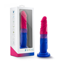 Blush Avant Pride P8 dildo in pink, purple, and blue beside its retail box
