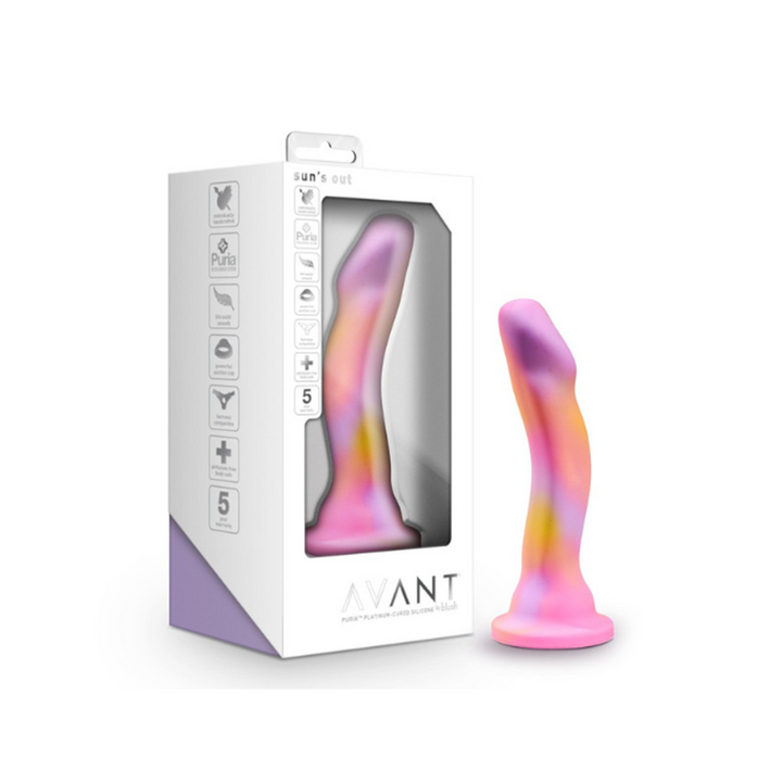 Blush Avant Sun's Out pink silicone dildo beside its white and lavender retail box