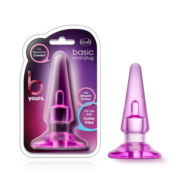 Blush B Yours Basic Anal Plug in translucent pink with tapered tip, shown in and out of packaging