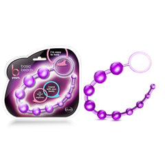 Blush B Yours Basic Beads in purple, shown beside retail packaging with flexible graduated anal beads and ring handle