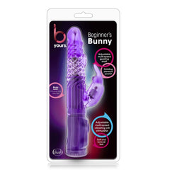 Blush B Yours Beginner's Bunny vibrator in purple, shown in retail packaging with feature callouts