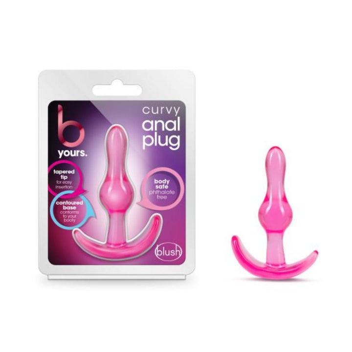 Blush B Yours Curvy Anal Plug in pink with retail packaging showing product features