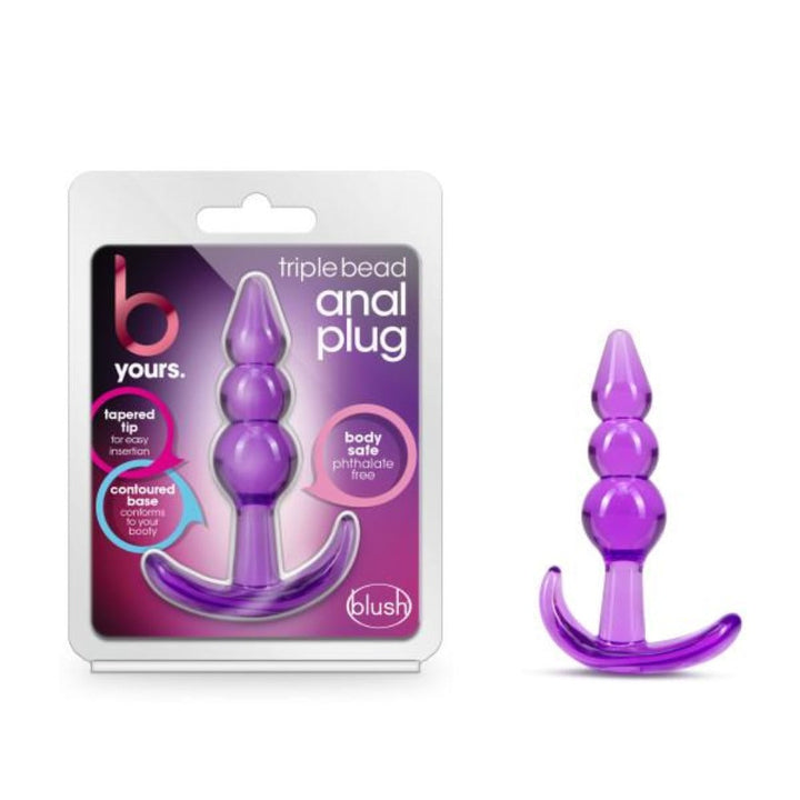 Blush B Yours Triple Bead Anal Plug in purple with tapered tip, shown with retail packaging
