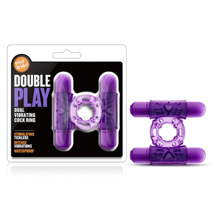 Blush Double Play dual vibrating cock ring in purple, shown packaged and unpackaged