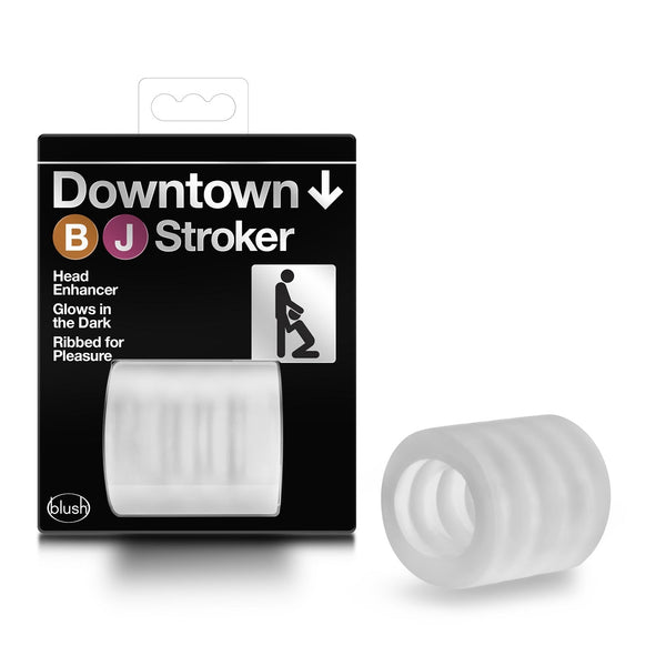 Blush Downtown BJ Stroker clear ribbed head enhancer shown beside its black subway-themed box