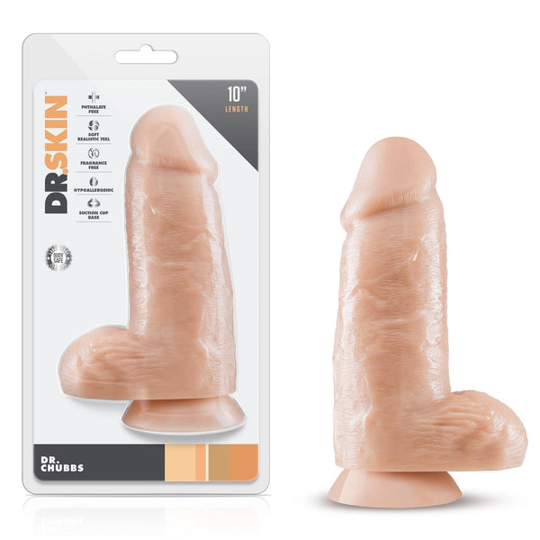 Blush Dr. Chubbs vanilla-toned realistic dildo with suction cup base, shown in packaging