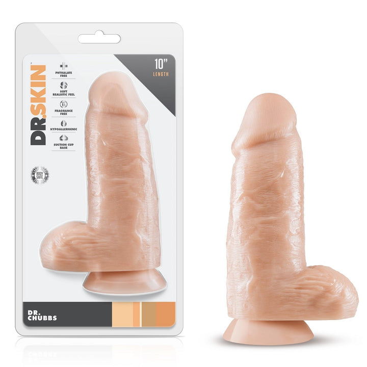 Blush Dr. Chubbs vanilla-toned realistic dildo with suction cup base, shown in packaging