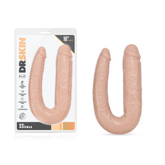 Blush Dr. Double 18-inch double-ended dildo in vanilla, shown beside retail packaging