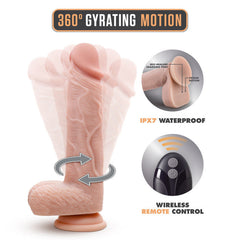 Blush Dr. Ethan dildo showing 360-degree gyrating motion, IPX7 rating, and wireless remote