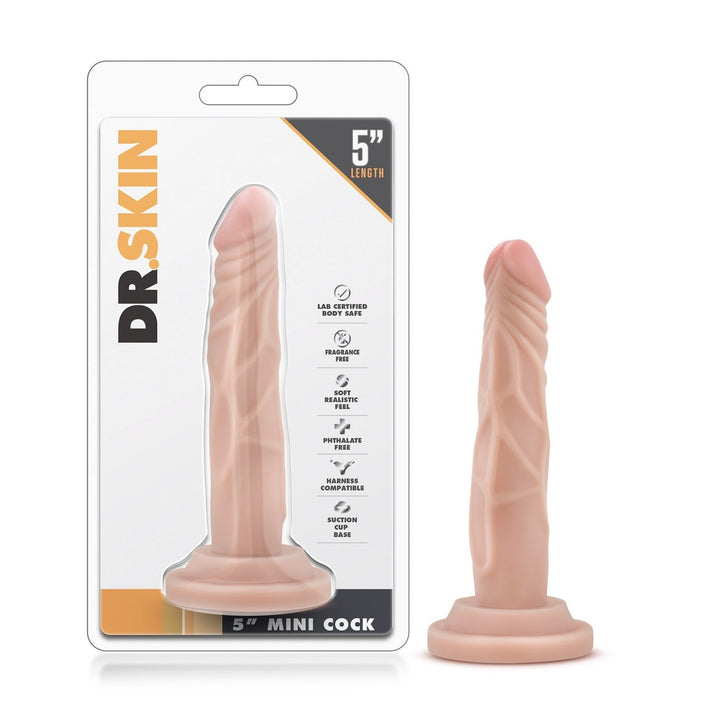 Blush Dr. Skin 5 Inch Mini Cock dildo with suction cup base, shown in packaging