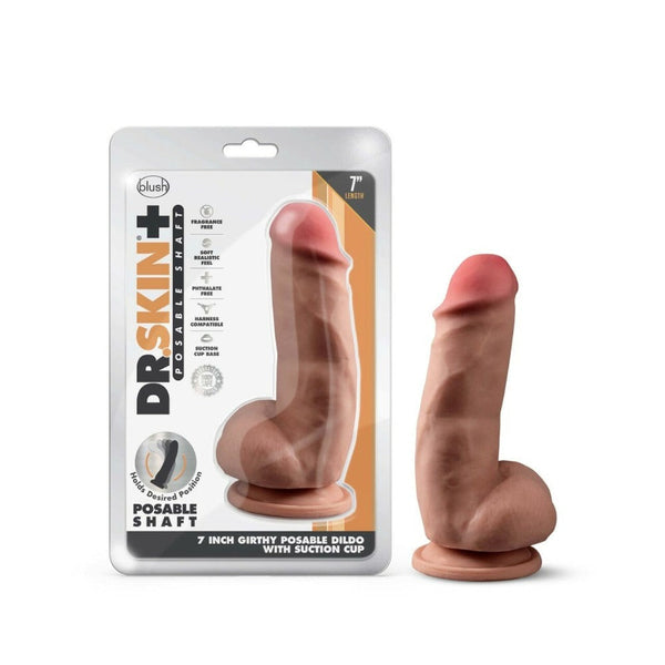 Blush Dr Skin Plus 7-inch posable dildo in mocha beside retail packaging with feature icons
