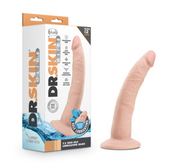 Blush Dr. Skin Glide 7.5" self-lubricating dildo beside its retail box, skin tone