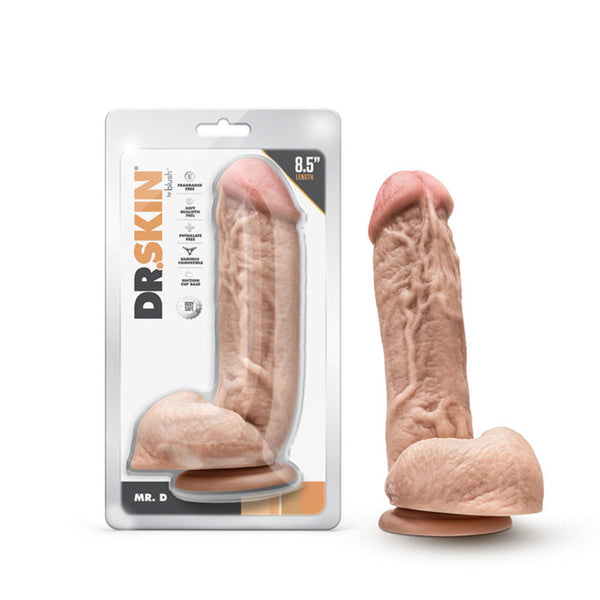 Blush Dr Skin Mr D 8.5 inch realistic dildo with suction cup base in vanilla, shown in retail packaging