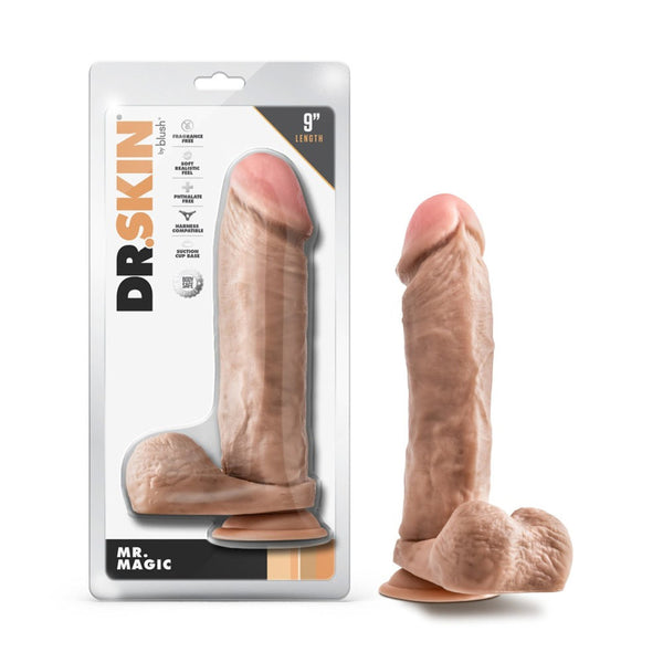 Blush Dr Skin Mr Magic 9-inch realistic dildo with balls shown beside retail packaging