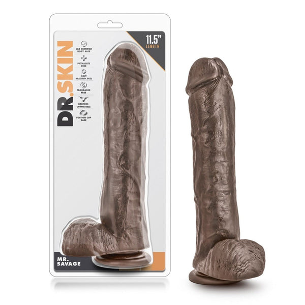 Blush Dr Skin Mr Savage 11.5" chocolate dildo shown beside retail blister packaging