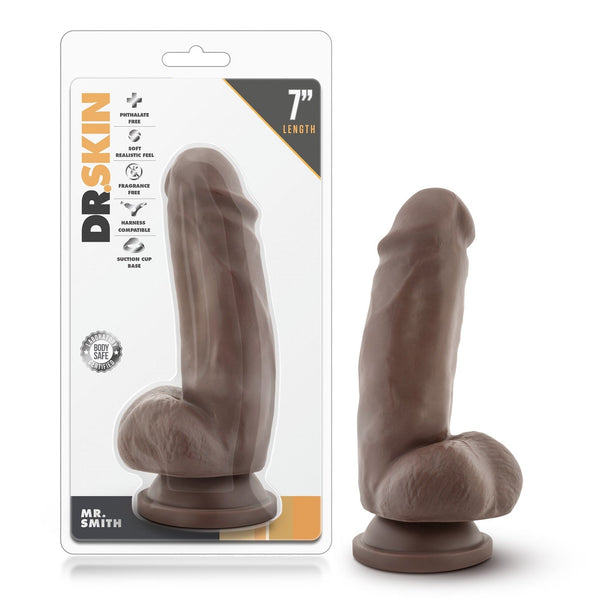 Blush Dr Skin Mr Smith 7" Chocolate Dildo shown in retail packaging with suction cup base