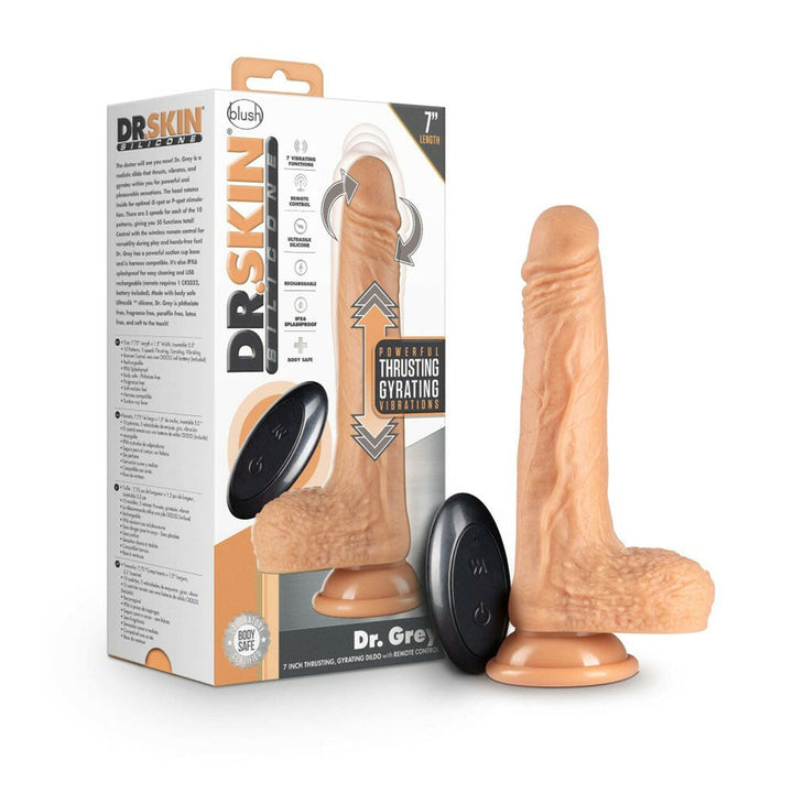Blush Dr. Skin Silicone Dr. Grey 7" thrusting dildo with box and wireless remote control