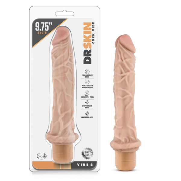 Blush Dr. Skin Vibe 8 beige vibrating dildo in packaging, 9.75-inch waterproof design