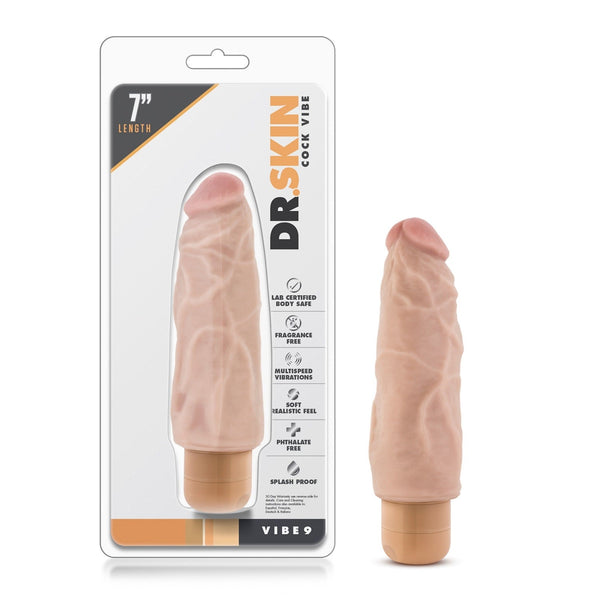 Blush Dr. Skin Vibe 9 realistic vibrating dildo in beige with multi-speed base, shown in packaging