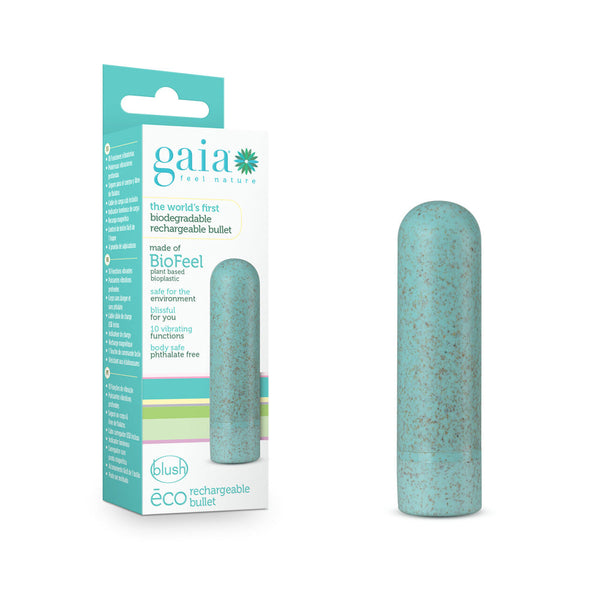 Blush Gaia Eco Rechargeable Bullet Vibrator in aqua speckled bioplastic with box