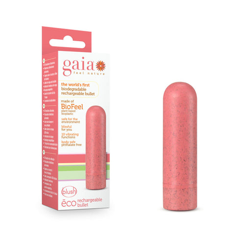 Blush Gaia Eco Rechargeable Bullet vibrator in coral beside its branded retail box