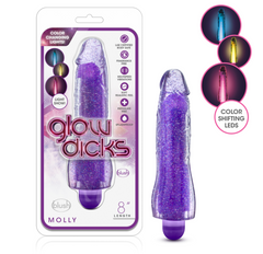 Blush Glow Dicks Molly purple glitter vibrator in retail packaging with LED colour-shift feature callouts