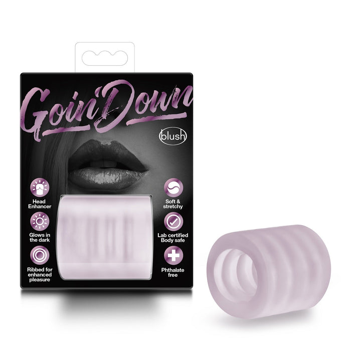 Blush Goin' Down BJ Stroker in soft pink beside its black display box