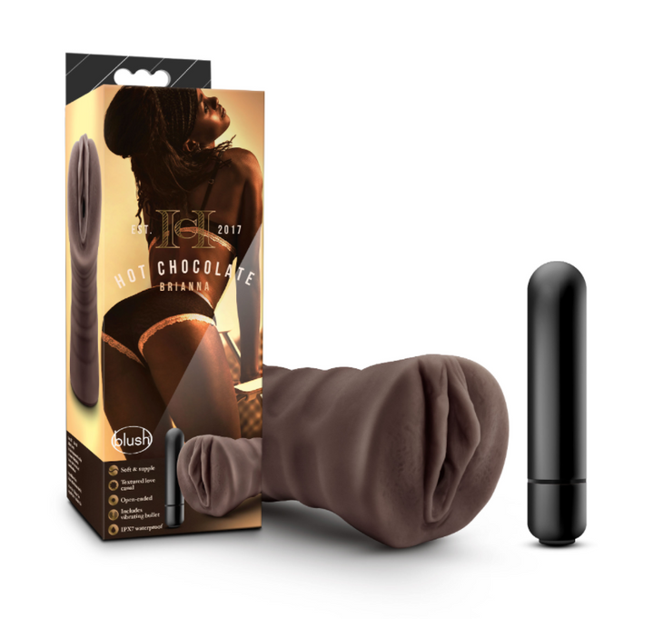 Blush Hot Chocolate Brianna stroker with ribbed texture and bullet vibrator beside retail box
