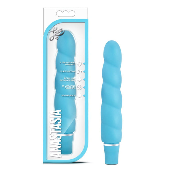 Blush Luxe Anastasia aqua blue silicone vibrator beside its retail box