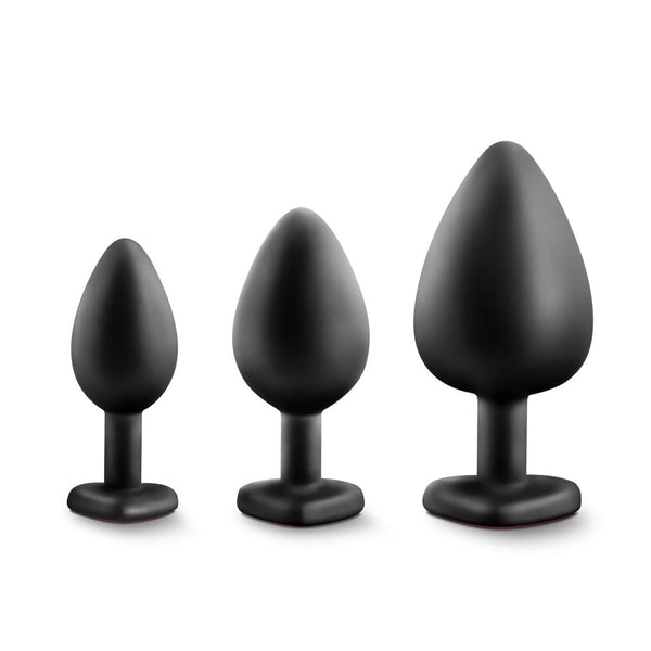 Blush Luxe Bling Plugs Training Kit – three black silicone plugs in small, medium, large sizes
