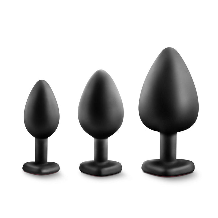 Blush Luxe Bling Plugs Training Kit – three black silicone plugs in small, medium, large sizes