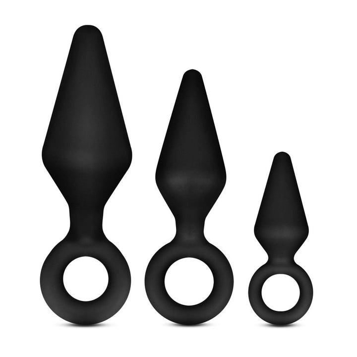Blush Luxe Candy Rimmer Kit three black silicone anal plugs with pull rings, sized small to large